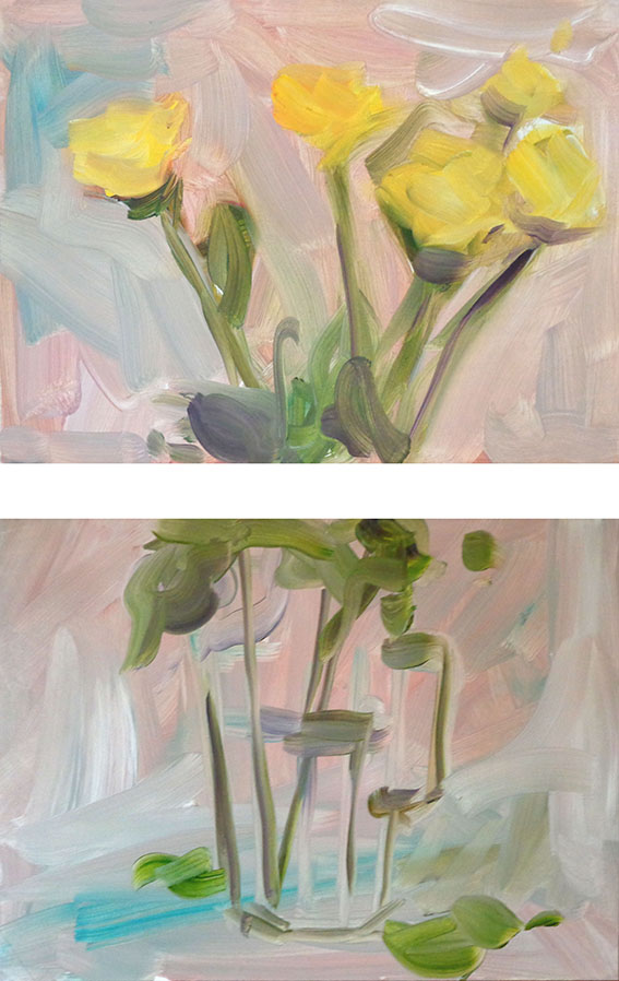 Martin Sander, "Flowers", oil on board, two pannels, each 30 X 22 cm, 2014