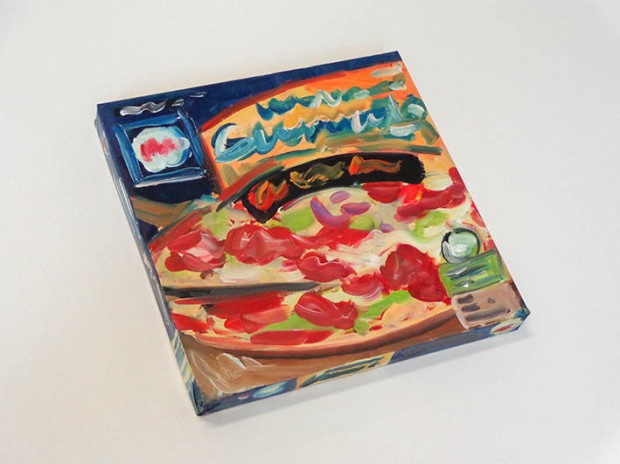 Martin Sander, “pizza diavolo”, oil on cardboardbox, 2014